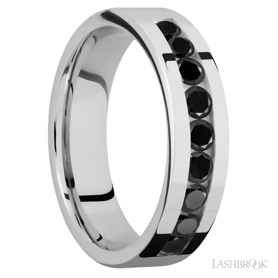 6 mm wide/Flat/Cobalt Chrome band with an  arrangement of 9, .1 carat Round Black Diamond stones in a Channel setting.