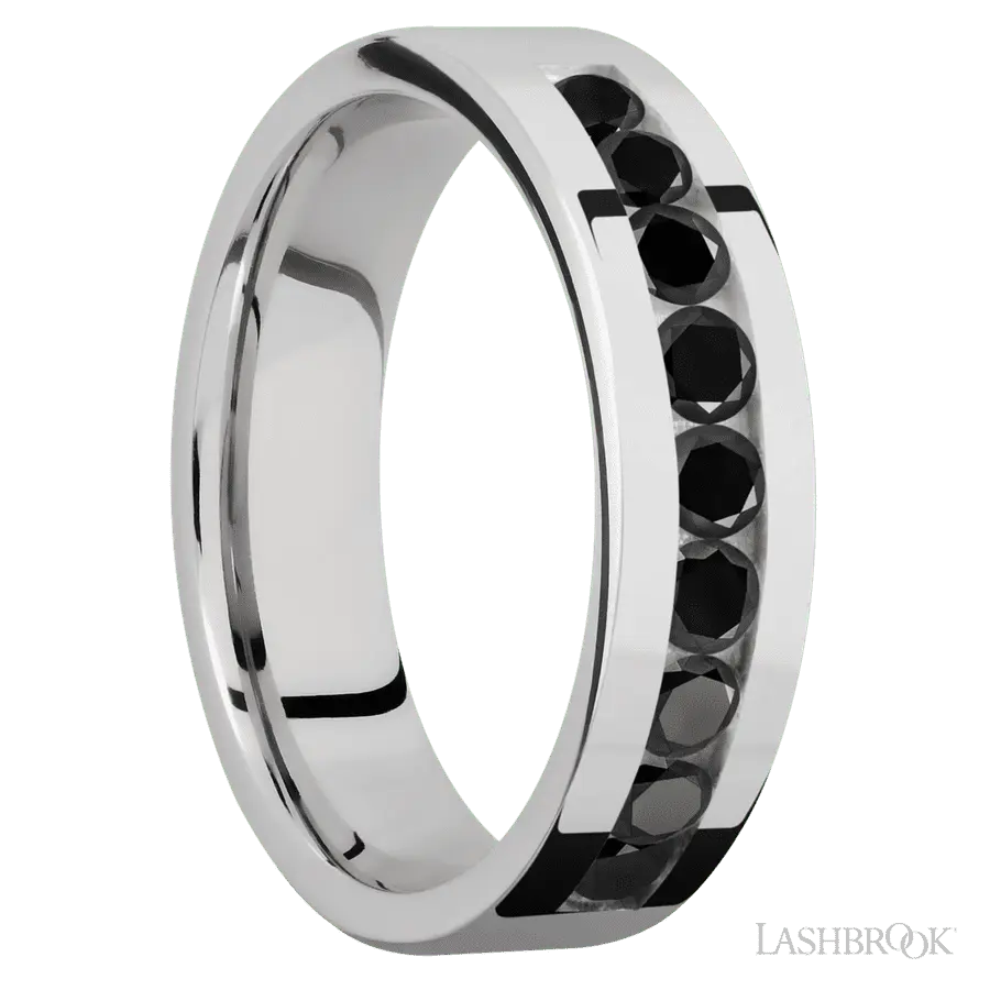 6 mm wide/Flat/Cobalt Chrome band with an arrangement of 9, .1 carat Round Black Diamond stones in a Channel setting.