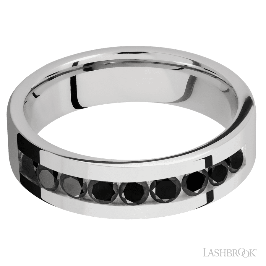 6 mm wide/Flat/Cobalt Chrome band with an arrangement of 9, .1 carat Round Black Diamond stones in a Channel setting.