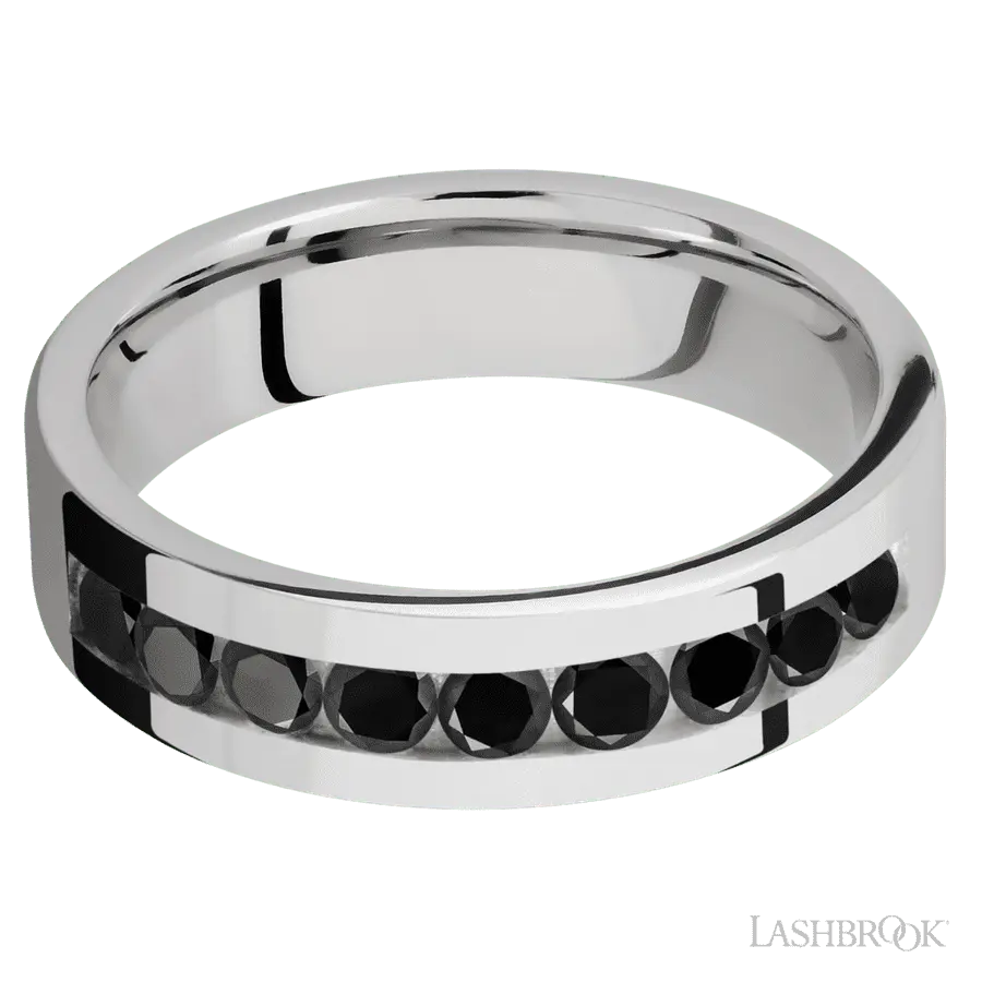 6 mm wide/Flat/Cobalt Chrome band with an arrangement of 9, .1 carat Round Black Diamond stones in a Channel setting.