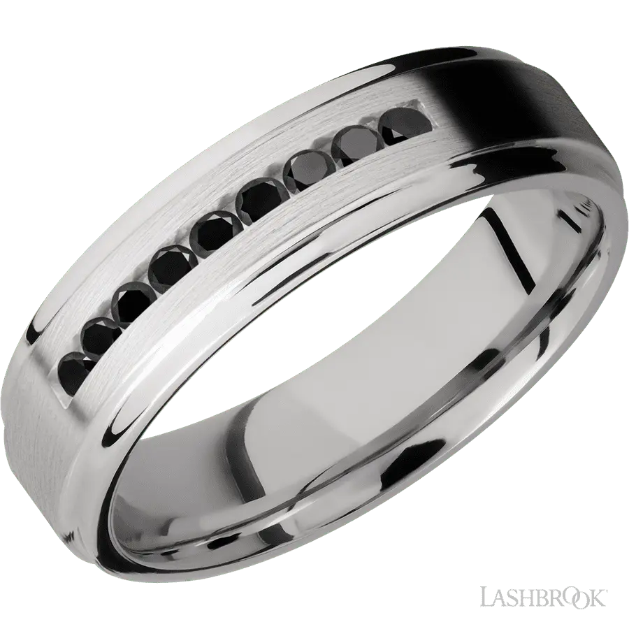 6 mm wide/Flat Grooved Edges/Cobalt Chrome band with an arrangement of 9, .03 carat Round Black Diamond stones in a Channel setting.