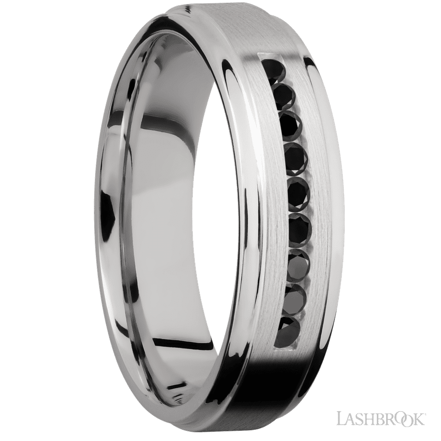 6 mm wide/Flat Grooved Edges/Cobalt Chrome band with an arrangement of 9, .03 carat Round Black Diamond stones in a Channel setting.