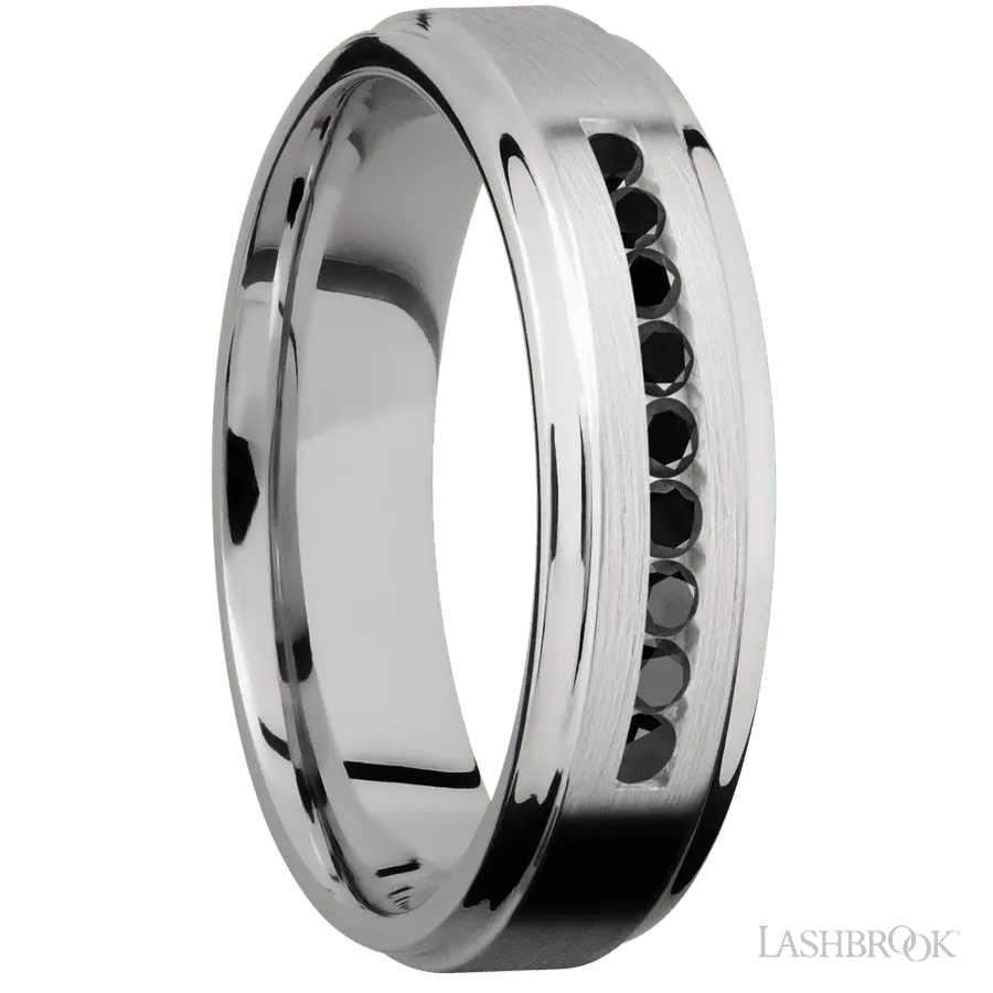 6 mm wide/Flat Grooved Edges/Cobalt Chrome band with an arrangement of 9, .03 carat Round Black Diamond stones in a Channel setting.