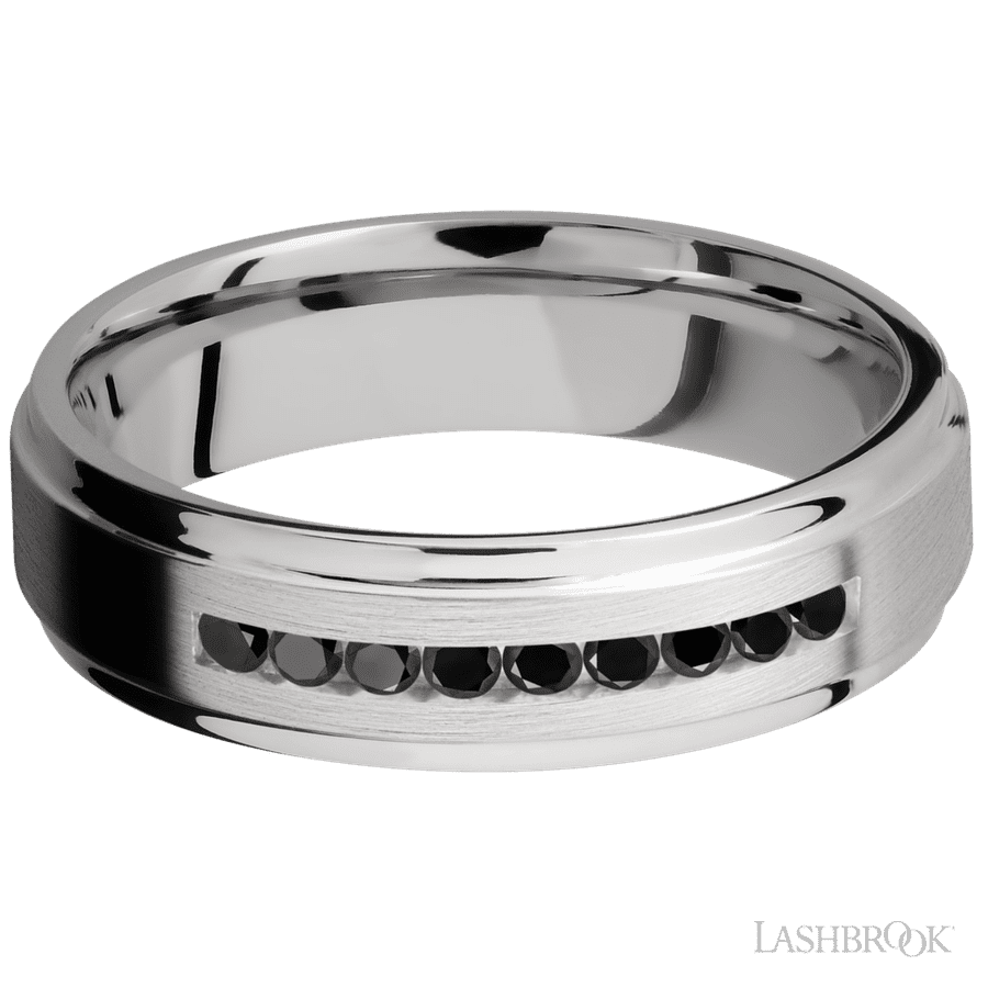 6 mm wide/Flat Grooved Edges/Cobalt Chrome band with an arrangement of 9, .03 carat Round Black Diamond stones in a Channel setting.