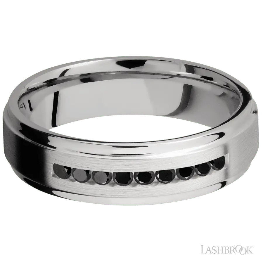 6 mm wide/Flat Grooved Edges/Cobalt Chrome band with an arrangement of 9, .03 carat Round Black Diamond stones in a Channel setting.