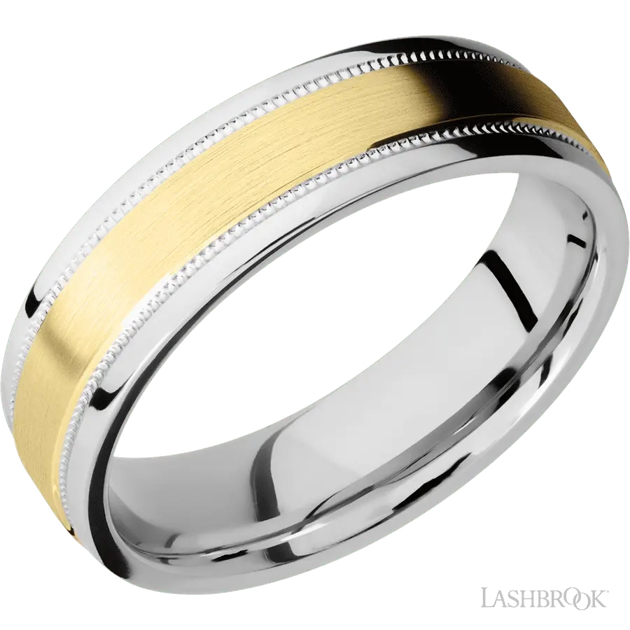 6 mm wide/Flat Stepped Edges Milgrain/Cobalt Chrome band with one 3 mm Raised Centered inlay of 14K Yellow Gold.