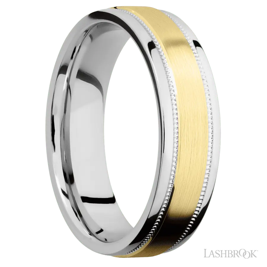 6 mm wide/Flat Stepped Edges Milgrain/Cobalt Chrome band with one 3 mm Raised Centered inlay of 14K Yellow Gold.