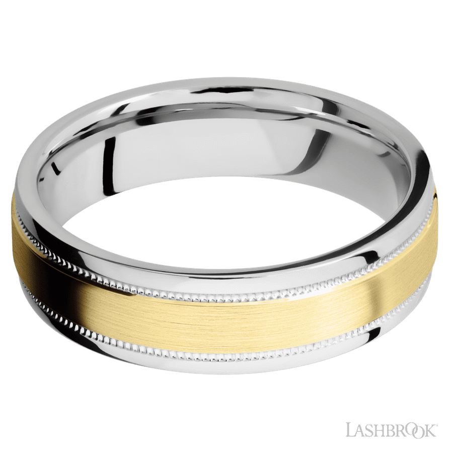 6 mm wide/Flat Stepped Edges Milgrain/Cobalt Chrome band with one 3 mm Raised Centered inlay of 14K Yellow Gold.