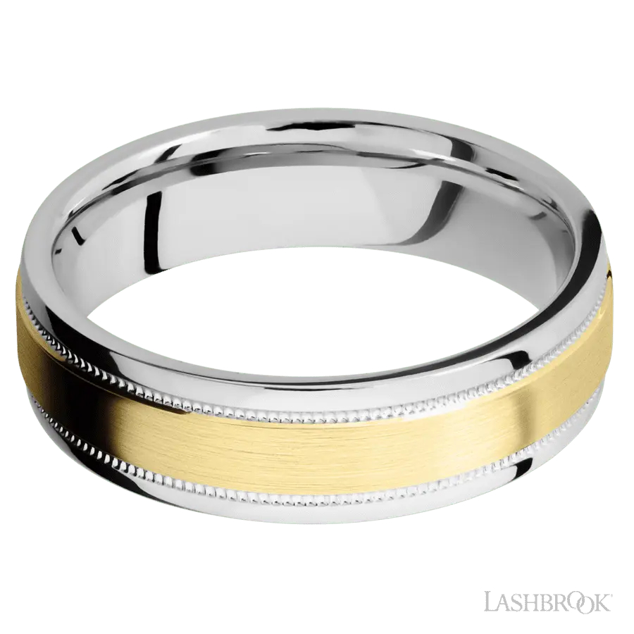 6 mm wide/Flat Stepped Edges Milgrain/Cobalt Chrome band with one 3 mm Raised Centered inlay of 14K Yellow Gold.