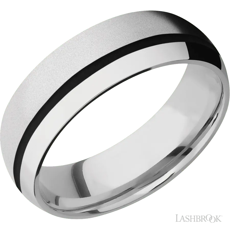 7 mm wide/Domed/Cobalt Chrome band with one 1 mm Off Center inlay of Black.
