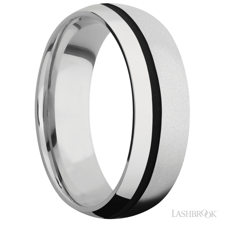 7 mm wide/Domed/Cobalt Chrome band with one 1 mm Off Center inlay of Black.