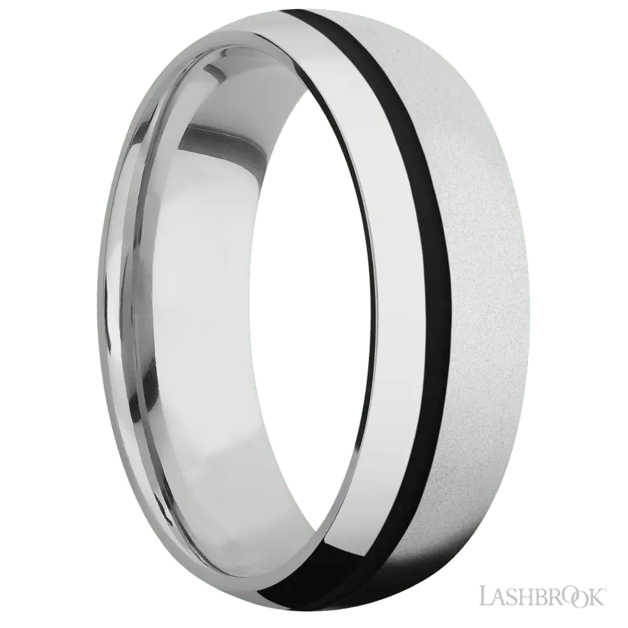 7 mm wide/Domed/Cobalt Chrome band with one 1 mm Off Center inlay of Black.