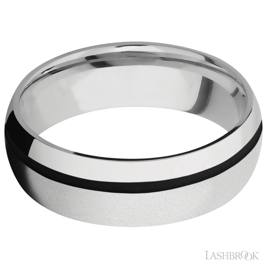 7 mm wide/Domed/Cobalt Chrome band with one 1 mm Off Center inlay of Black.