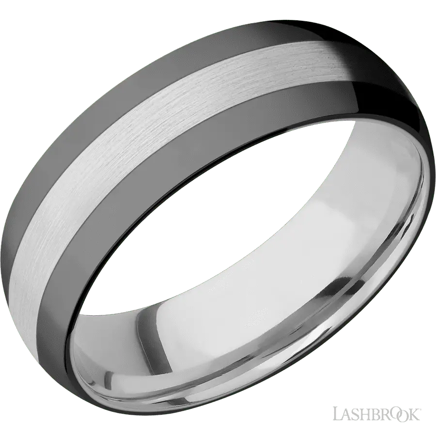 7 mm wide/Domed/Cobalt Chrome band with two 2 mm Double Off Center Edge inlays of Zirconium.