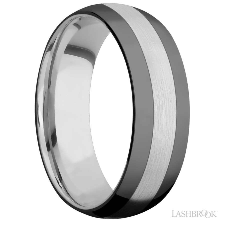 7 mm wide/Domed/Cobalt Chrome band with two 2 mm Double Off Center Edge inlays of Zirconium.