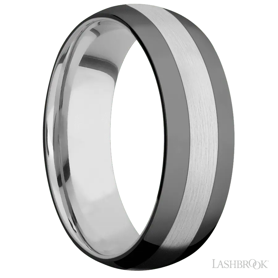 7 mm wide/Domed/Cobalt Chrome band with two 2 mm Double Off Center Edge inlays of Zirconium.