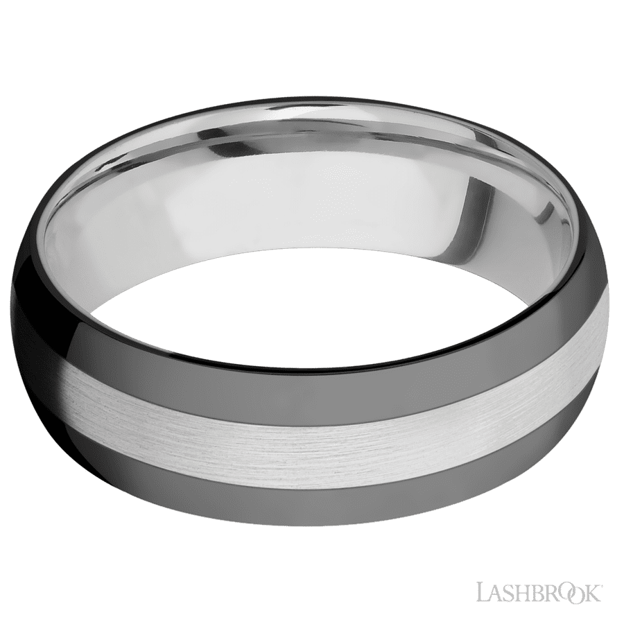 7 mm wide/Domed/Cobalt Chrome band with two 2 mm Double Off Center Edge inlays of Zirconium.