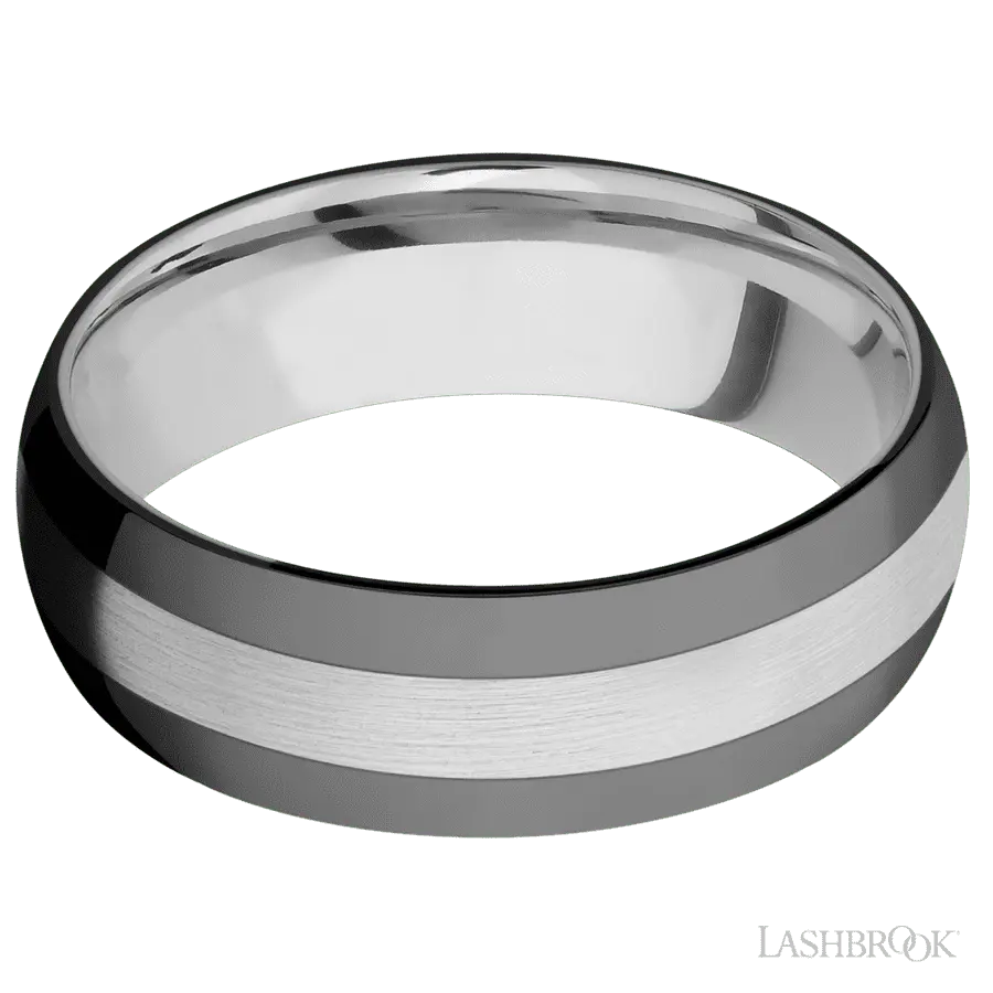 7 mm wide/Domed/Cobalt Chrome band with two 2 mm Double Off Center Edge inlays of Zirconium.