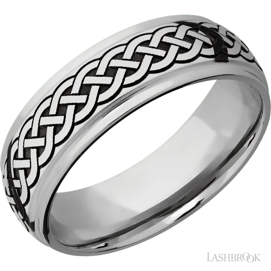 7 mm wide/Domed Stepped Down Edges/Cobalt Chrome band with a laser carved Celtic 9 pattern.