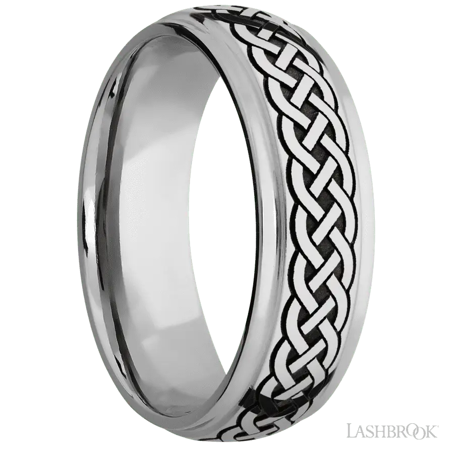 7 mm wide/Domed Stepped Down Edges/Cobalt Chrome band with a laser carved Celtic 9 pattern.