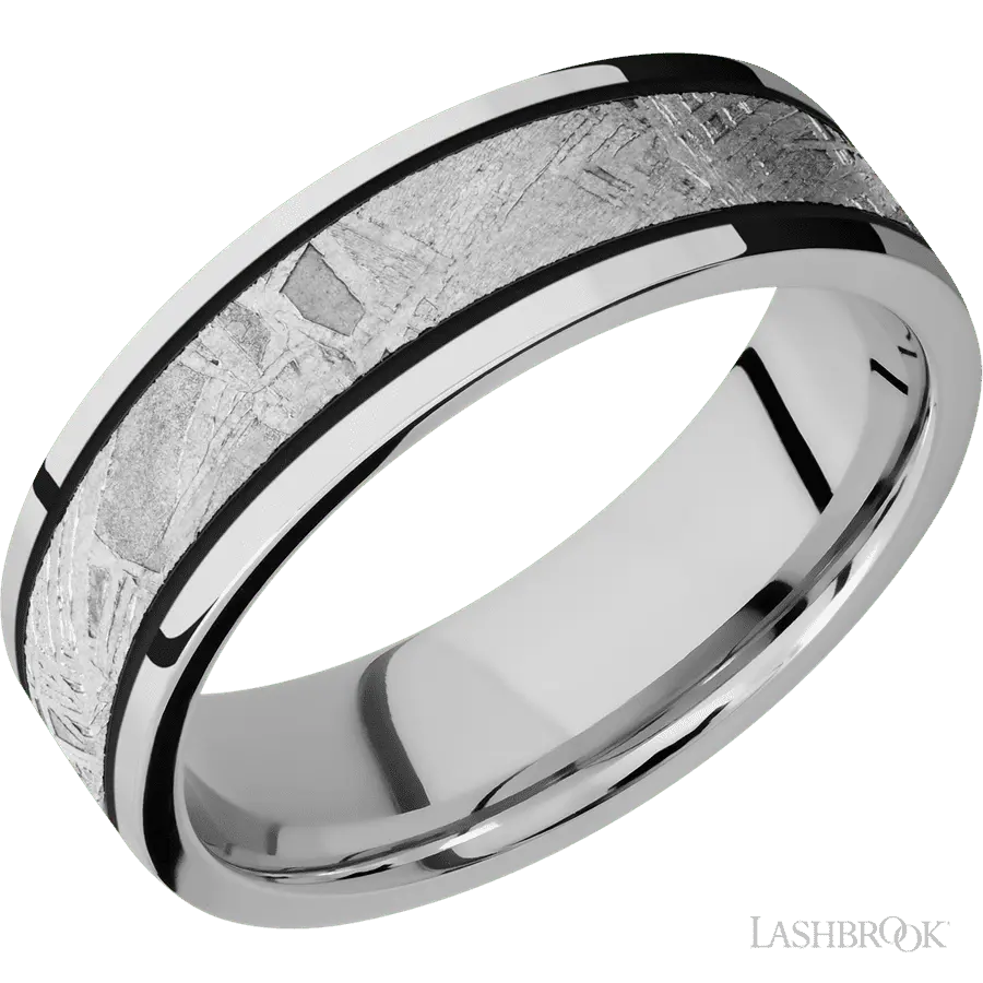 7 mm wide/Flat/Cobalt Chrome band with one 4 mm Centered inlay of Meteorite.