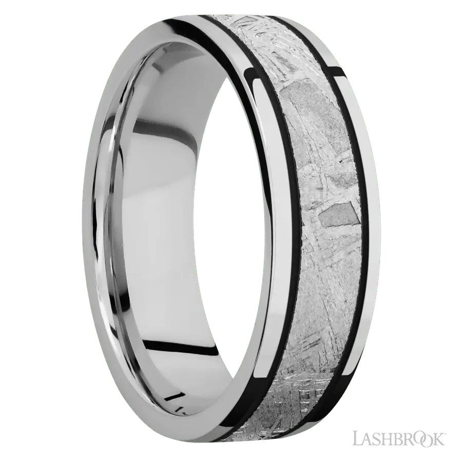 7 mm wide/Flat/Cobalt Chrome band with one 4 mm Centered inlay of Meteorite.