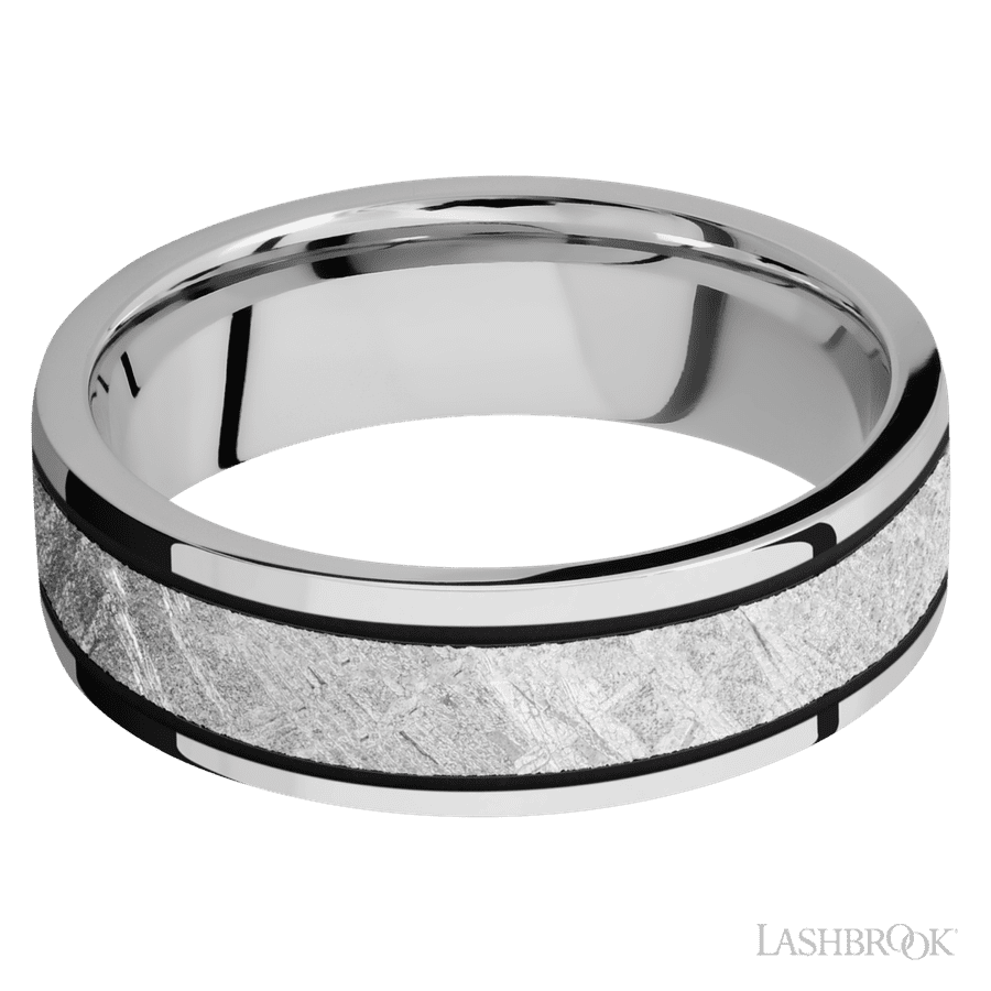 7 mm wide/Flat/Cobalt Chrome band with one 4 mm Centered inlay of Meteorite.