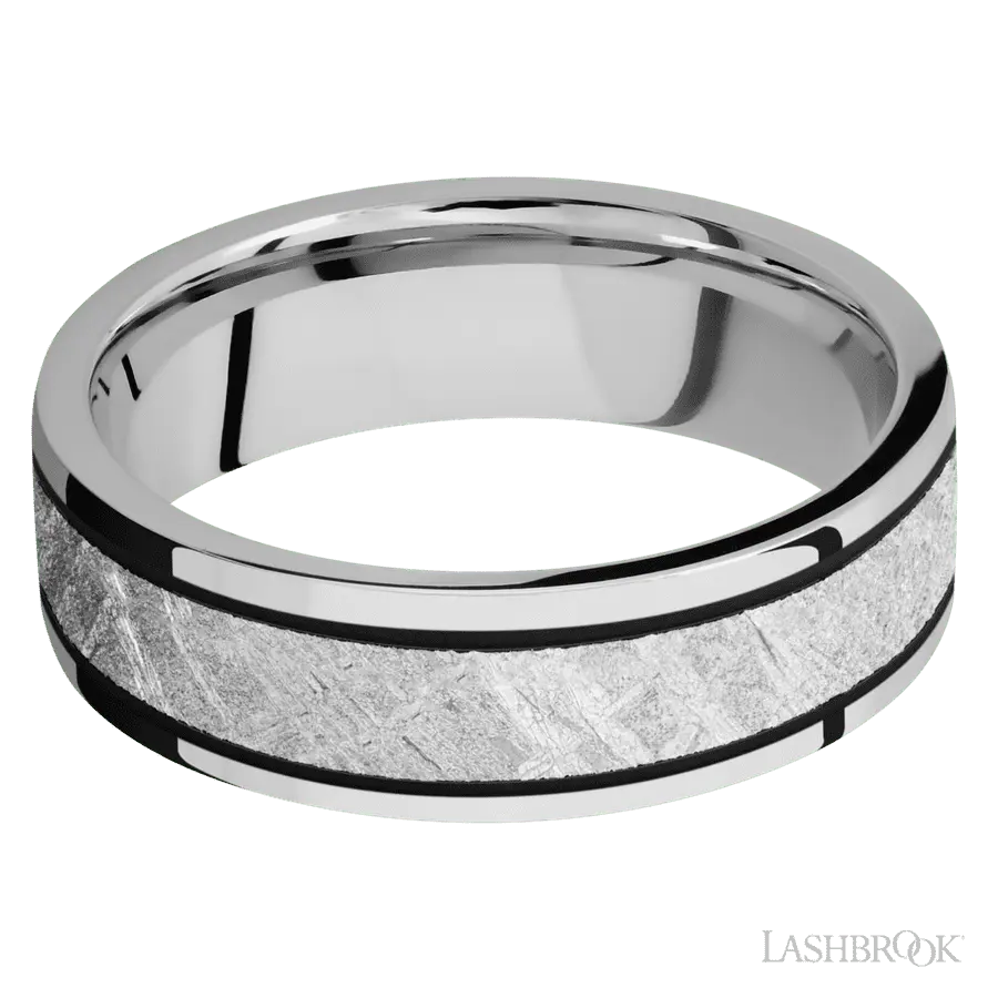 7 mm wide/Flat/Cobalt Chrome band with one 4 mm Centered inlay of Meteorite.