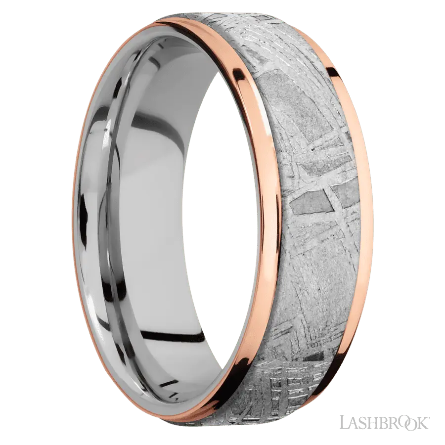 7 mm wide/Flat Grooved Edges/Cobalt Chrome band featuring inlays of Meteorite and 14K Rose Gold.