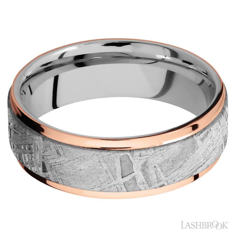 7 mm wide/Flat Grooved Edges/Cobalt Chrome band featuring inlays of Meteorite and 14K Rose Gold.