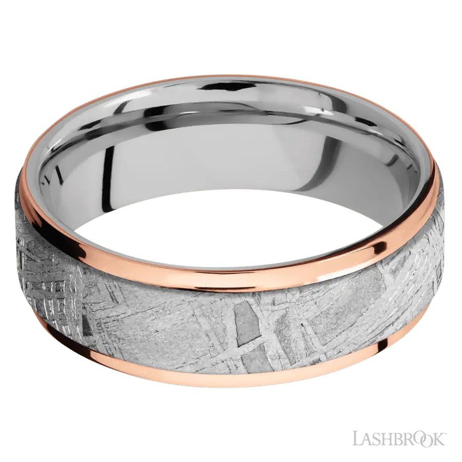 7 mm wide/Flat Grooved Edges/Cobalt Chrome band featuring inlays of Meteorite and 14K Rose Gold.
