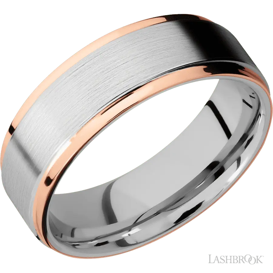 7 mm wide/Flat Grooved Edges/Cobalt Chrome band with two 1 mm Edge inlays of 14K Rose Gold.
