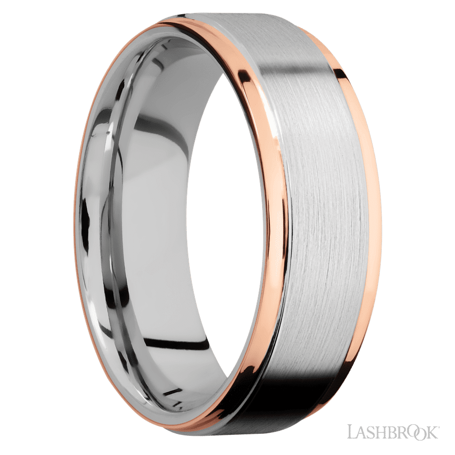 7 mm wide/Flat Grooved Edges/Cobalt Chrome band with two 1 mm Edge inlays of 14K Rose Gold.