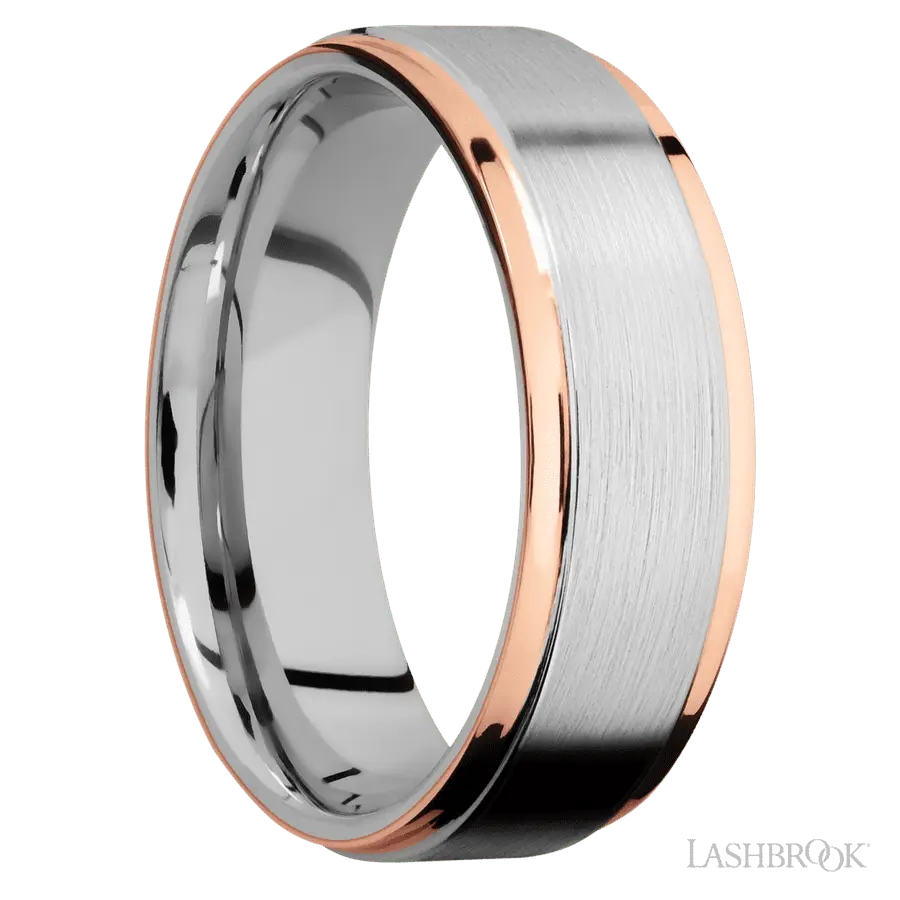 7 mm wide/Flat Grooved Edges/Cobalt Chrome band with two 1 mm Edge inlays of 14K Rose Gold.
