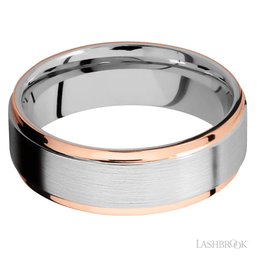 7 mm wide/Flat Grooved Edges/Cobalt Chrome band with two 1 mm Edge inlays of 14K Rose Gold.