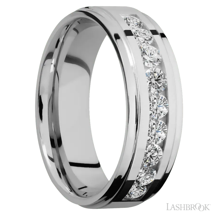 7 mm wide/Flat Grooved Edges/Cobalt Chrome band with an arrangement of 9, .1 carat Round Diamond stones in a Channel setting.
