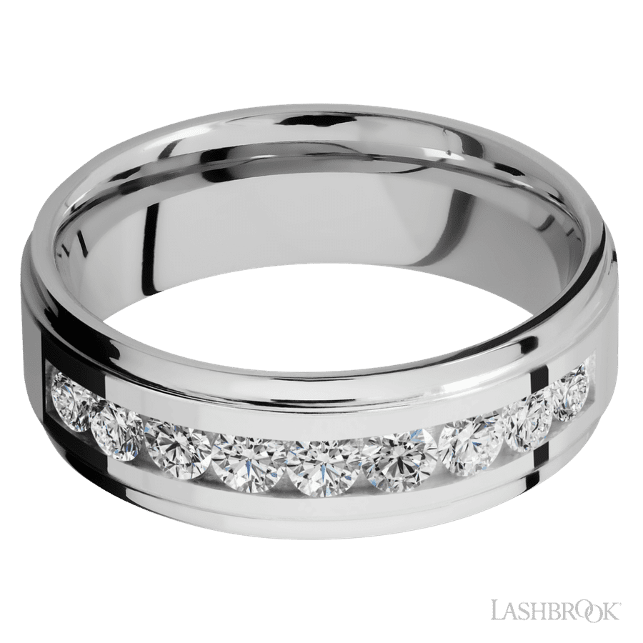 7 mm wide/Flat Grooved Edges/Cobalt Chrome band with an arrangement of 9, .1 carat Round Diamond stones in a Channel setting.