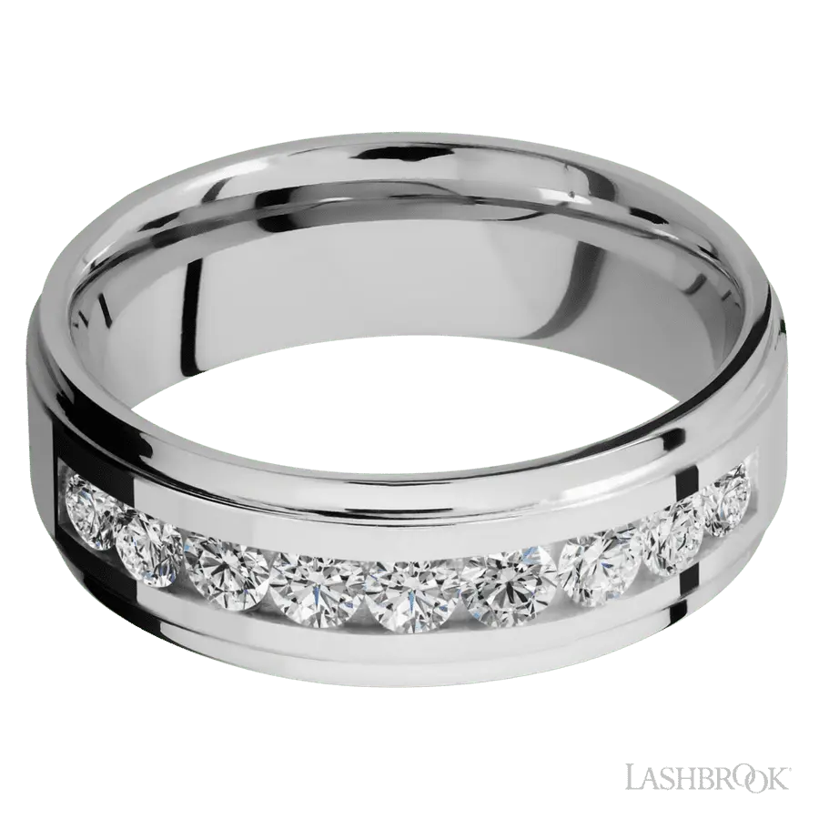 7 mm wide/Flat Grooved Edges/Cobalt Chrome band with an arrangement of 9, .1 carat Round Diamond stones in a Channel setting.