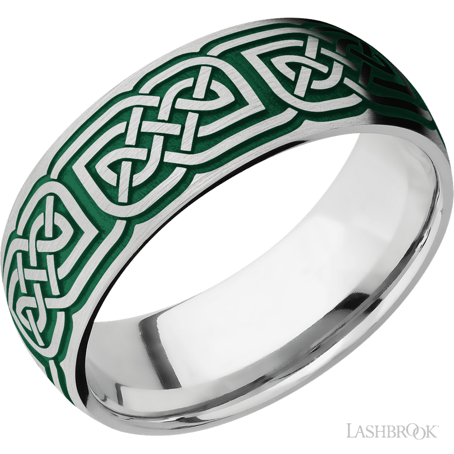 8 mm wide/Domed/Cobalt Chrome band with a laser carved Celtic 17 pattern.