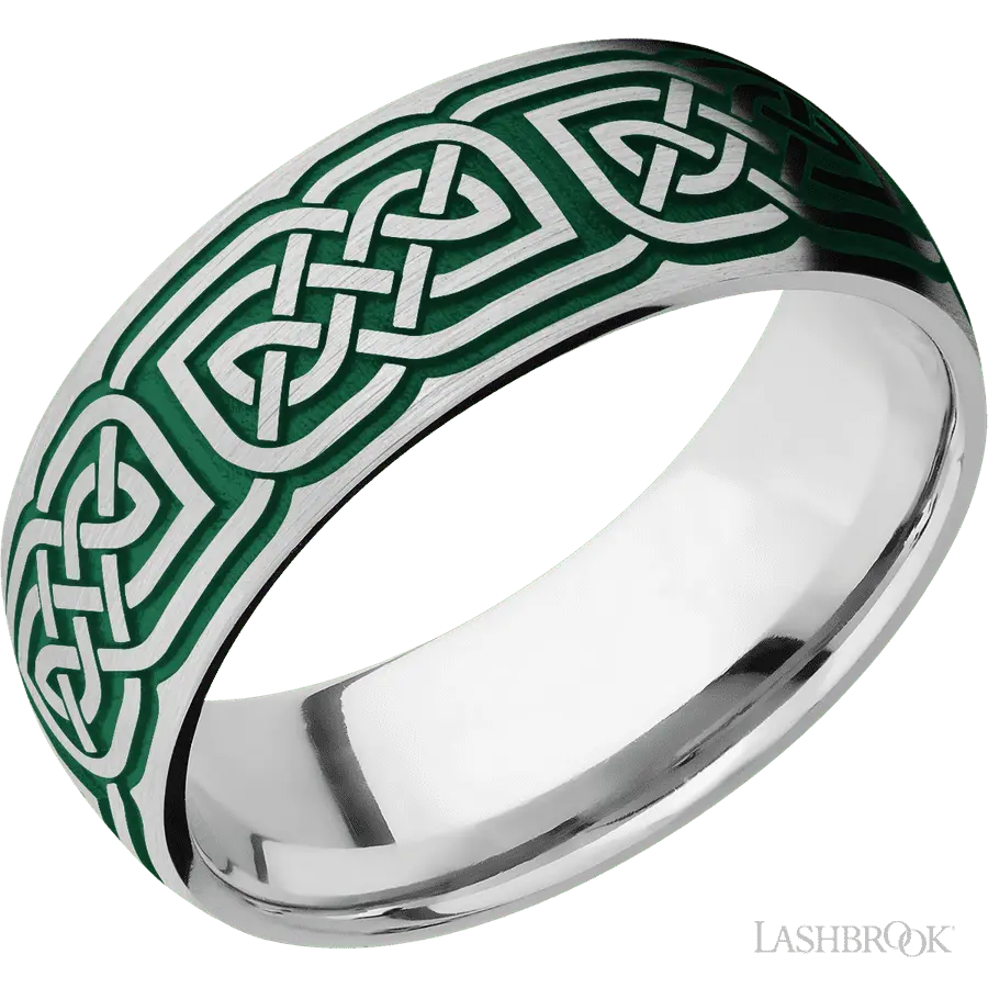 8 mm wide/Domed/Cobalt Chrome band with a laser carved Celtic 17 pattern.