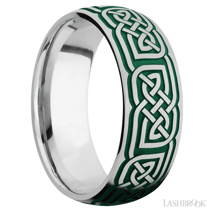 8 mm wide/Domed/Cobalt Chrome band with a laser carved Celtic 17 pattern.
