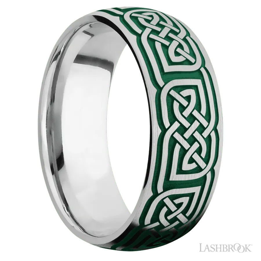 8 mm wide/Domed/Cobalt Chrome band with a laser carved Celtic 17 pattern.
