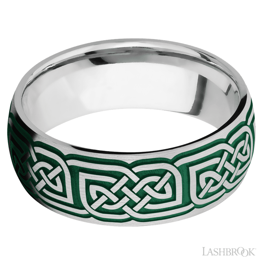 8 mm wide/Domed/Cobalt Chrome band with a laser carved Celtic 17 pattern.