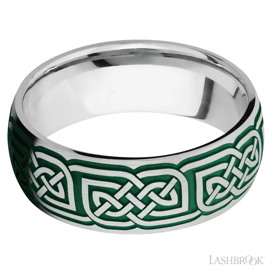 8 mm wide/Domed/Cobalt Chrome band with a laser carved Celtic 17 pattern.