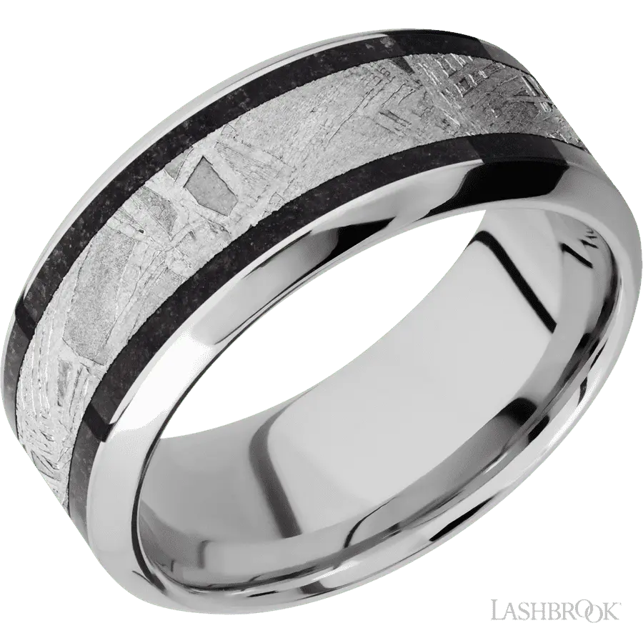 9 mm wide/High Bevel/Cobalt Chrome band featuring inlays of Dinosaur Bone Black and Meteorite. in Cobalt by Lashbrook | The D