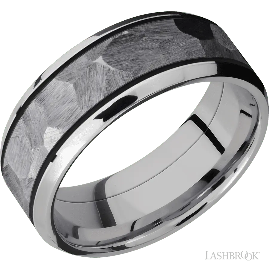 8 mm wide/Beveled/Cobalt Chrome band with one 5 mm Centered inlay of Tantalum.