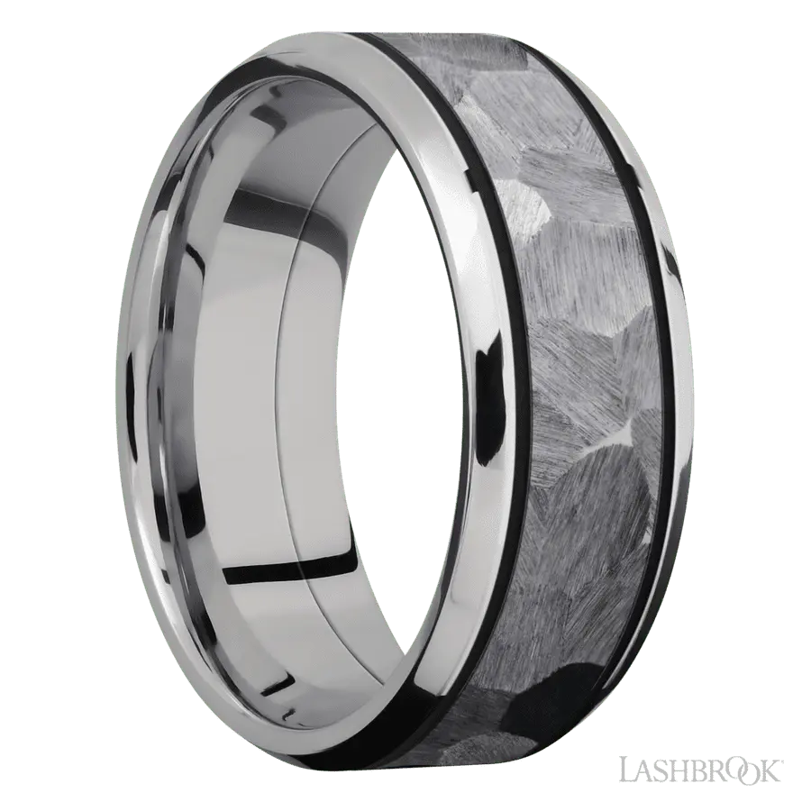8 mm wide/Beveled/Cobalt Chrome band with one 5 mm Centered inlay of Tantalum.