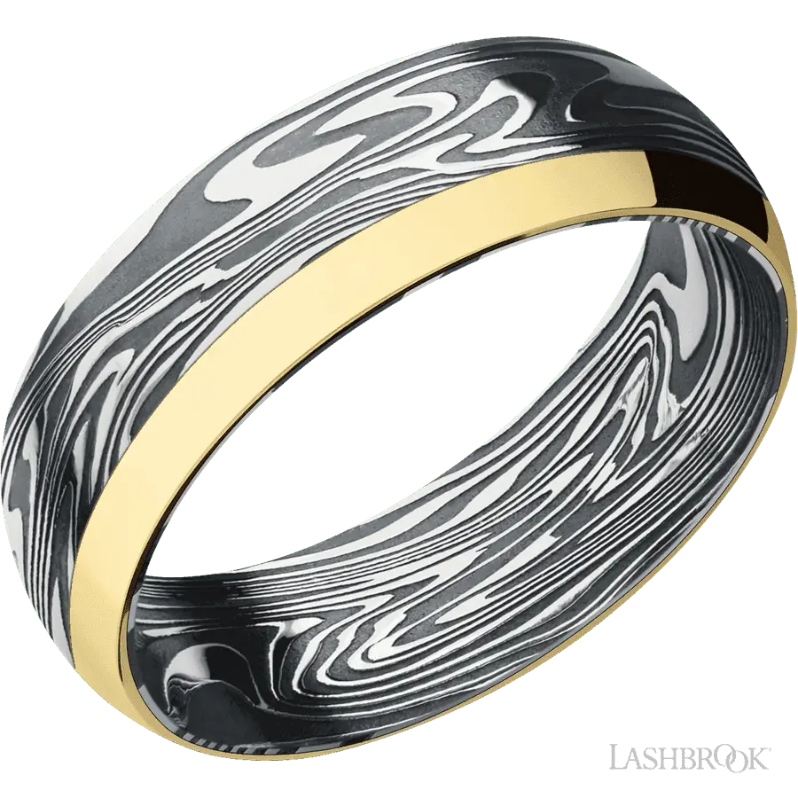 7 mm wide/Domed/Kinetic band with one 2 mm Off Center Edge inlay of 14K Yellow Gold.