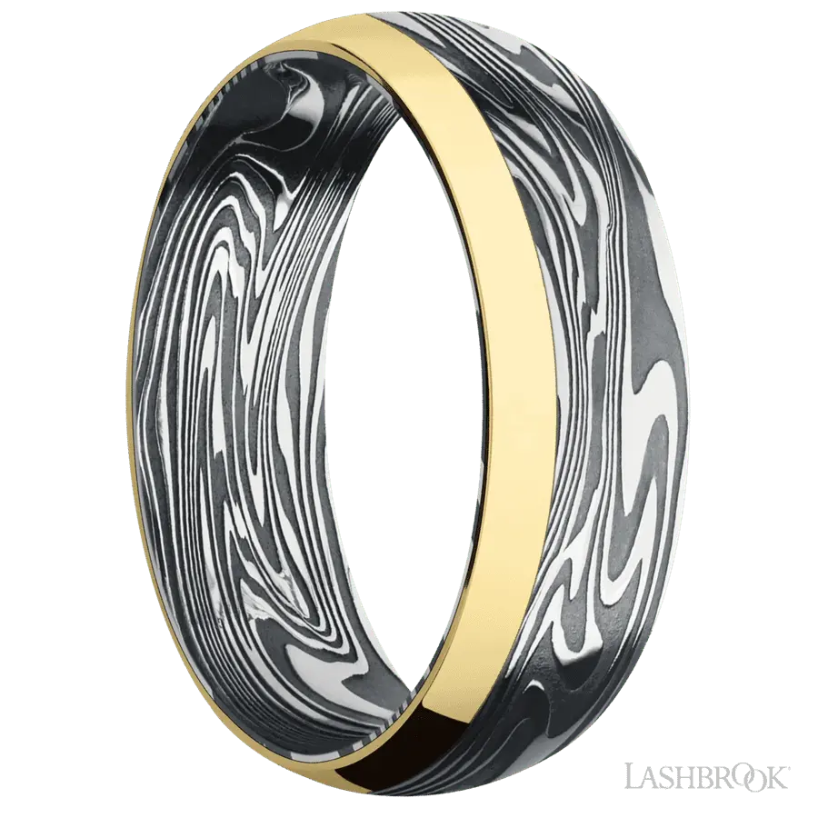 7 mm wide/Domed/Kinetic band with one 2 mm Off Center Edge inlay of 14K Yellow Gold.