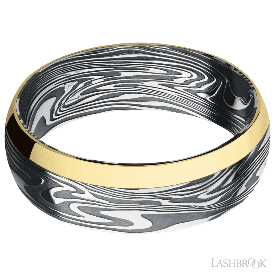 7 mm wide/Domed/Kinetic band with one 2 mm Off Center Edge inlay of 14K Yellow Gold.